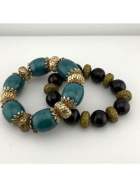 Vintage Chunky Bracelet Set Beaded Acrylic Filigree Stretch Teal Black